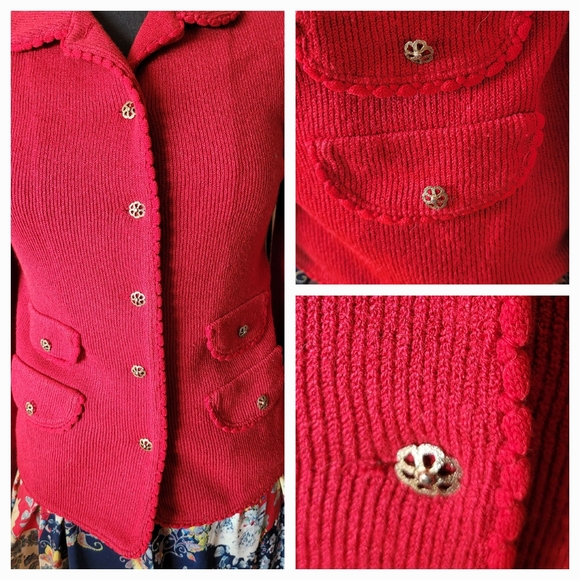 Butte vintage knit SWEATER JACKET RED brass flower buttons M - Picture 3 of 5